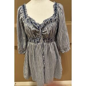 American Eagle Mini Dress Blue Striped Puff Sleeve Off Shoulder Smocked Size M